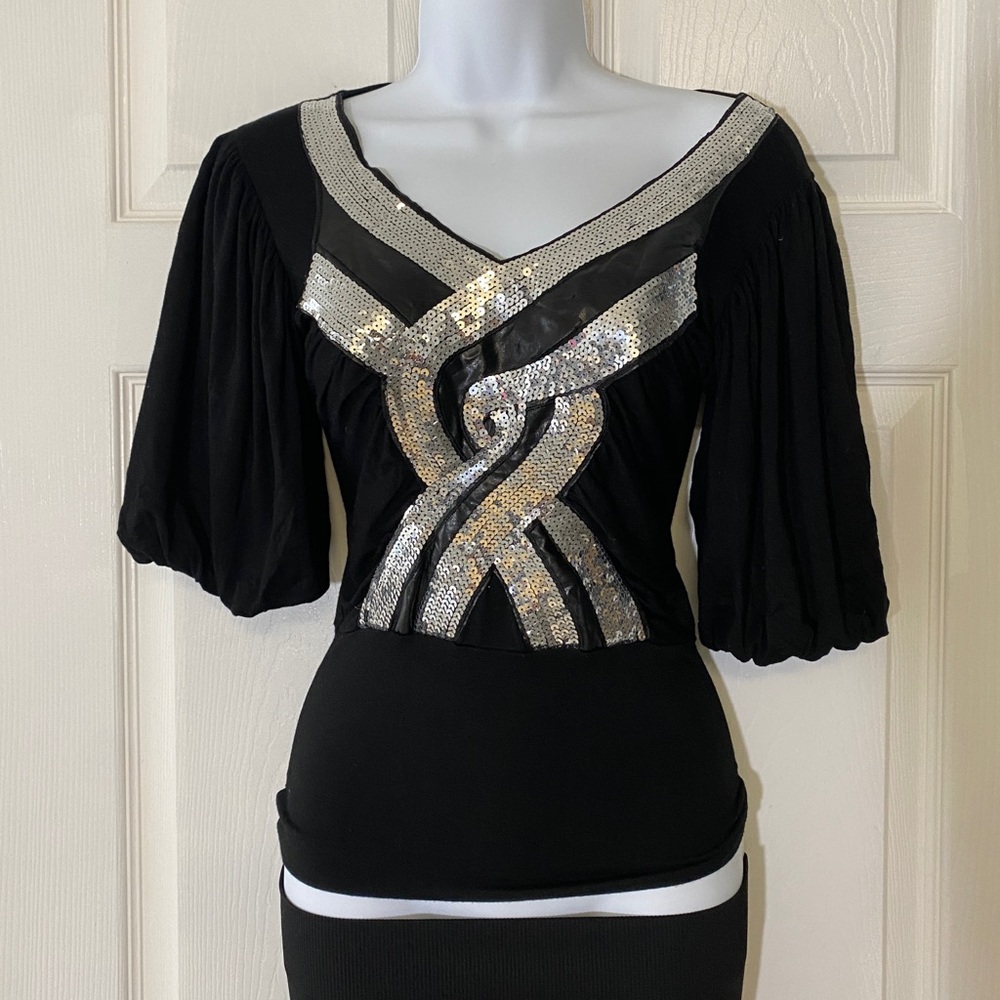 Black sequence leather dress top S